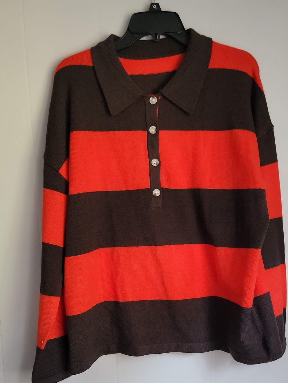 Women's Red and Black Striped Polo Sweater